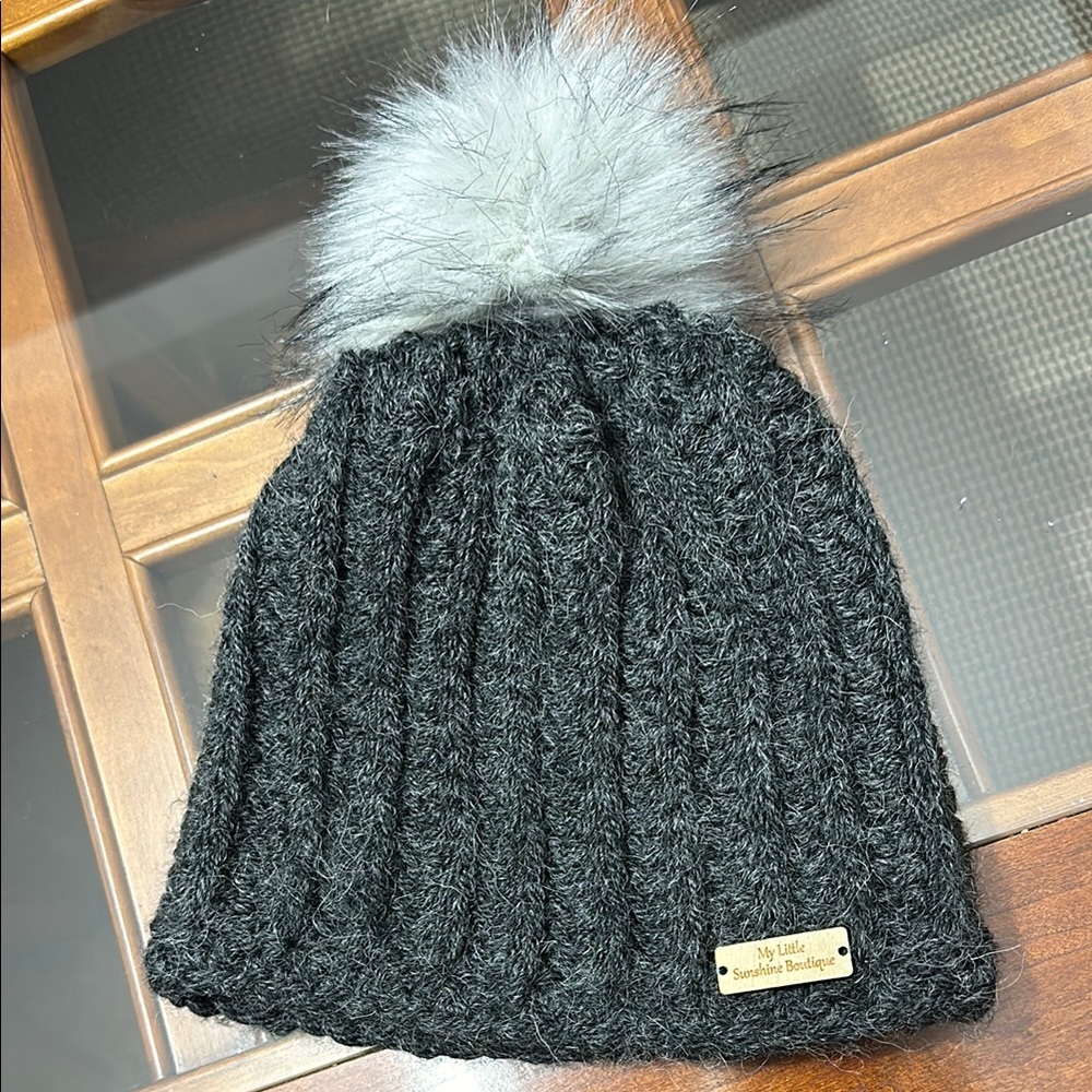 Black Knit Beanie with Faux Fur Pom